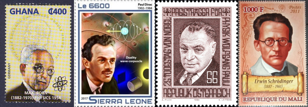Segells d’arreu del món reconeixent altres protagonistes d’aquesta història: Born, Dirac, Pauli i Schrödinger.