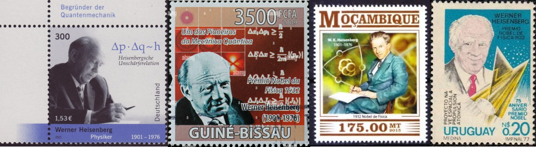 Segells d’arreu del món reconeixent Heisenberg: Alemanya, Guinea Bissau, Moçambic, Uruguai